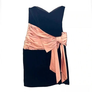 Vintage Betsey Johnson Black Velvet Mini Dress with Pink Bow Sash. Size 8